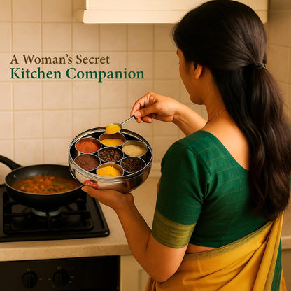 12 Inch Stainless Steel Masala Dabba | 1500ml Airtight Spice Box with 7 Containers & Lid, Silver