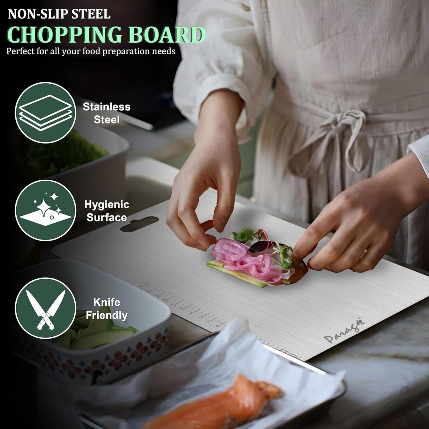 Premium Stainless Steel Chopping Board for Kitchen & Professional Use – Medium 31x21 cm, Ideal for Meat, Fish, Fruits, Bread & Vegetables, Heavy Duty & Rust-Free