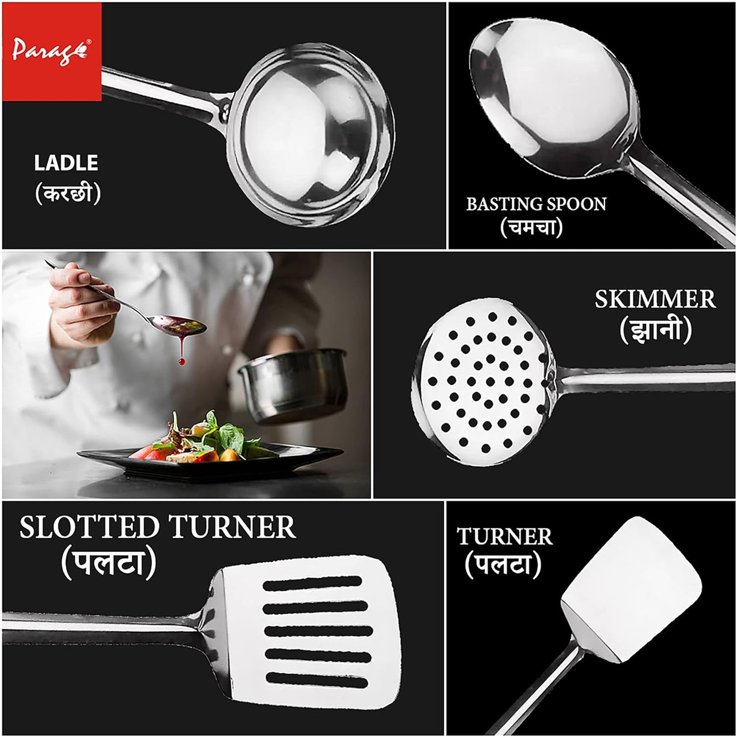 5-Piece Premium Stainless Steel Kitchen Tool Set | Cooking Utensils, Silver (Design 2)