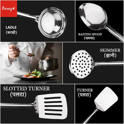 5-Piece Premium Stainless Steel Kitchen Tool Set | Cooking Utensils, Silver (Design 2)