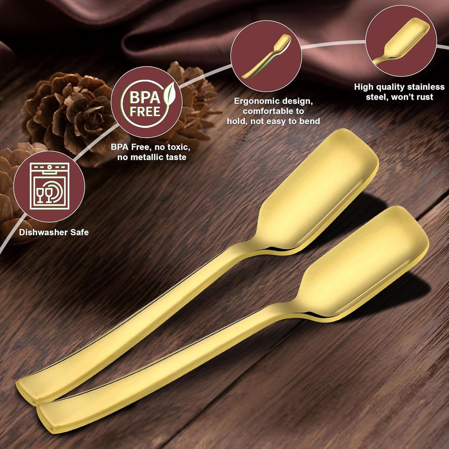 6 Pcs Stainless Steel Gold Ice Cream Spoon Set – Luxury Dining Tableware, 13.5cm, Food Grade, Durable & Stylish, Home & Kitchen Gift