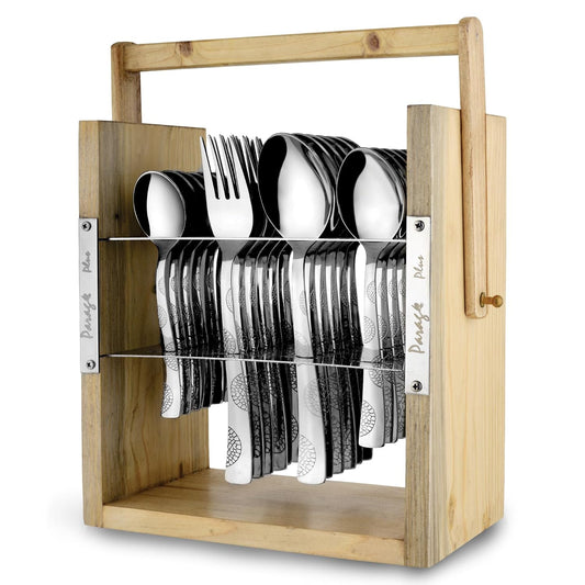 25 Pcs Moonpress Stainless Steel Cutlery Set | 6 Tea Spoons, 6 Table Spoons, 6 Forks, 6 Dinner Spoons | Stylish, Wooden Stand, Dining