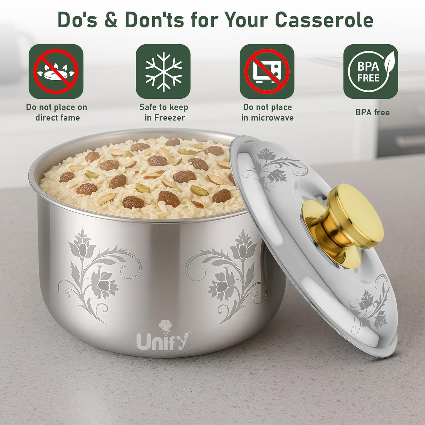 Stelo Stainless Steel Insulated Casserole 1600ml | Floral Design Hot Pot | PVD Gold Handle, Silver