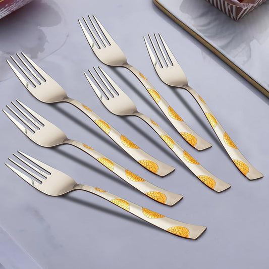 6 Pieces Stainless Steel 24K Golden Forks Set, Premium Luxury Dining Cutlery with Moonpress Design – Ideal Gift for Home & Kitchen