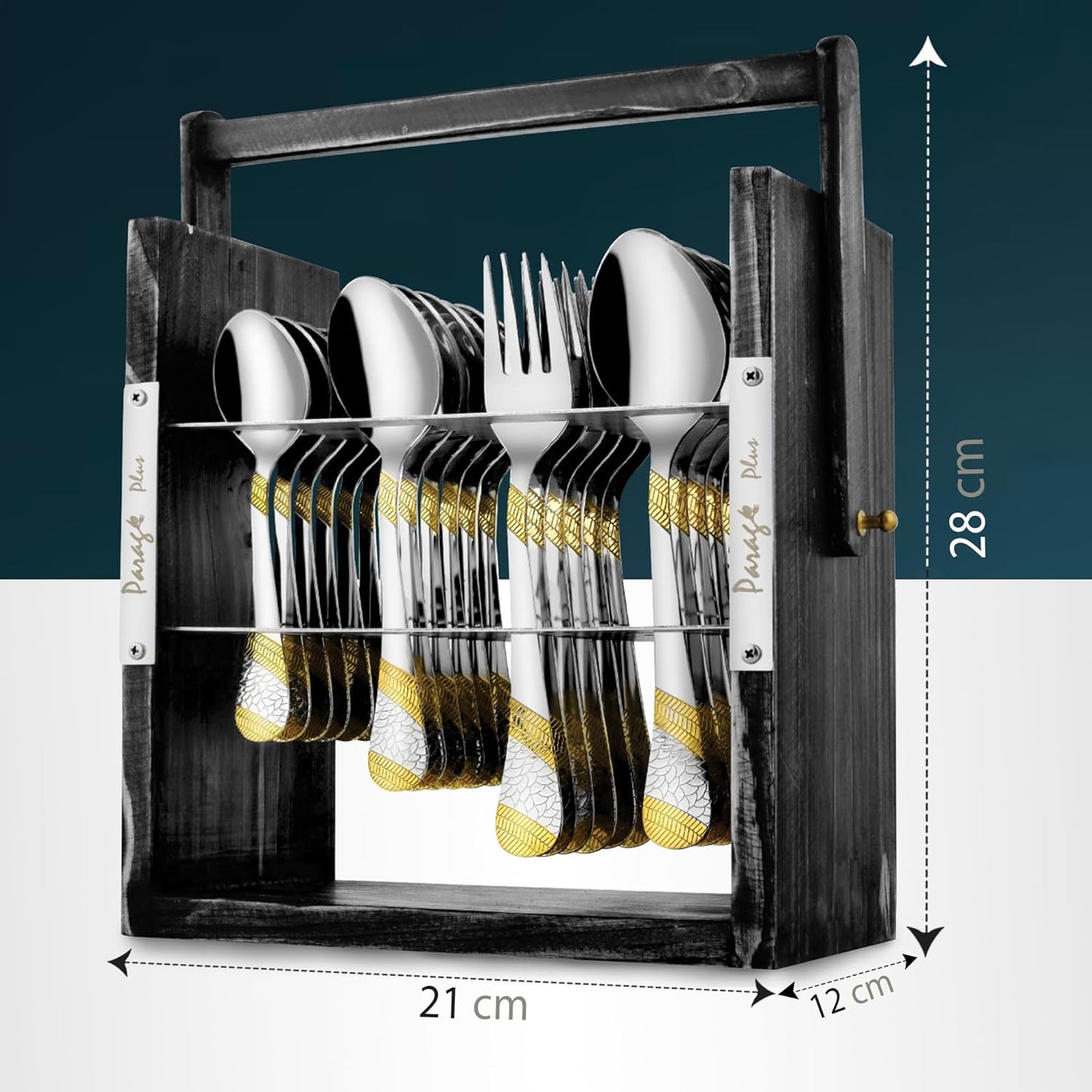 25 Pieces Stainless Steel Imperial Cutlery Set with Wooden Hanging Stand, 24K Gold Plated Spoons & Forks for Dining Table
