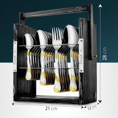 25 Pieces Stainless Steel Imperial Cutlery Set with Wooden Stand, 24K Gold Plated Spoons & Forks for Dining Table