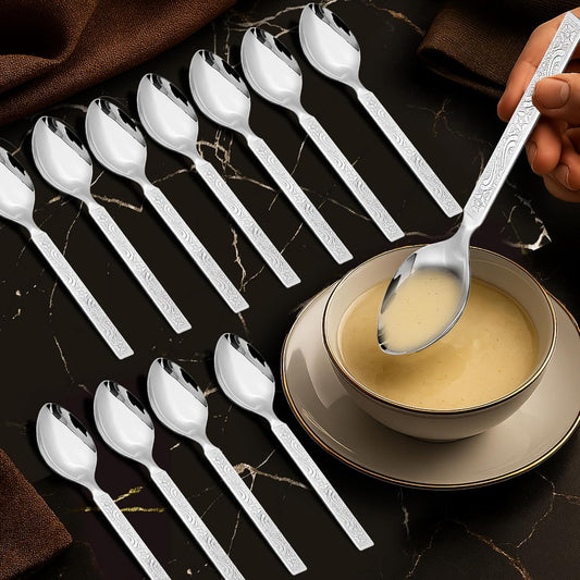 12 Pcs Stainless Steel Dinner Spoon Set | 15.5 cm Delux Table Spoons Silver