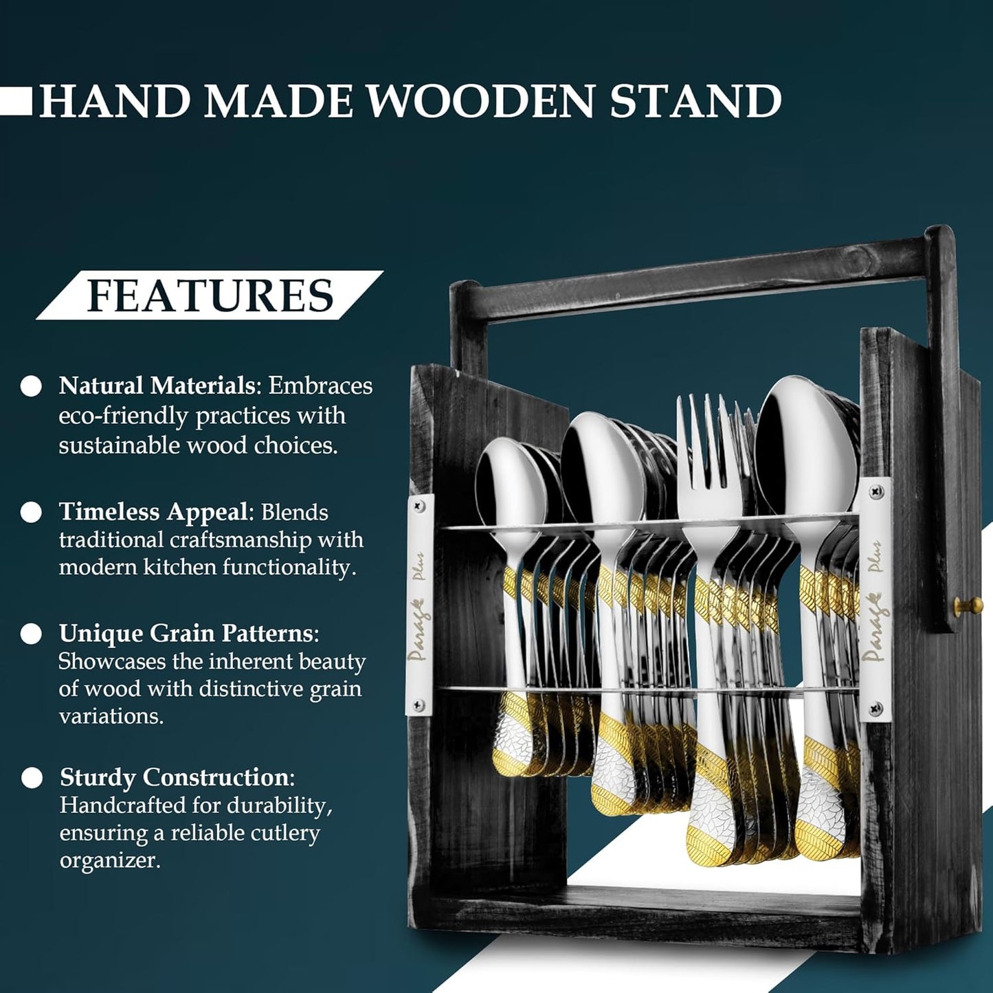 25-Piece Stainless Steel Imperial Cutlery Set with Wooden Stand | 24k Gold Plated Spoons & Forks