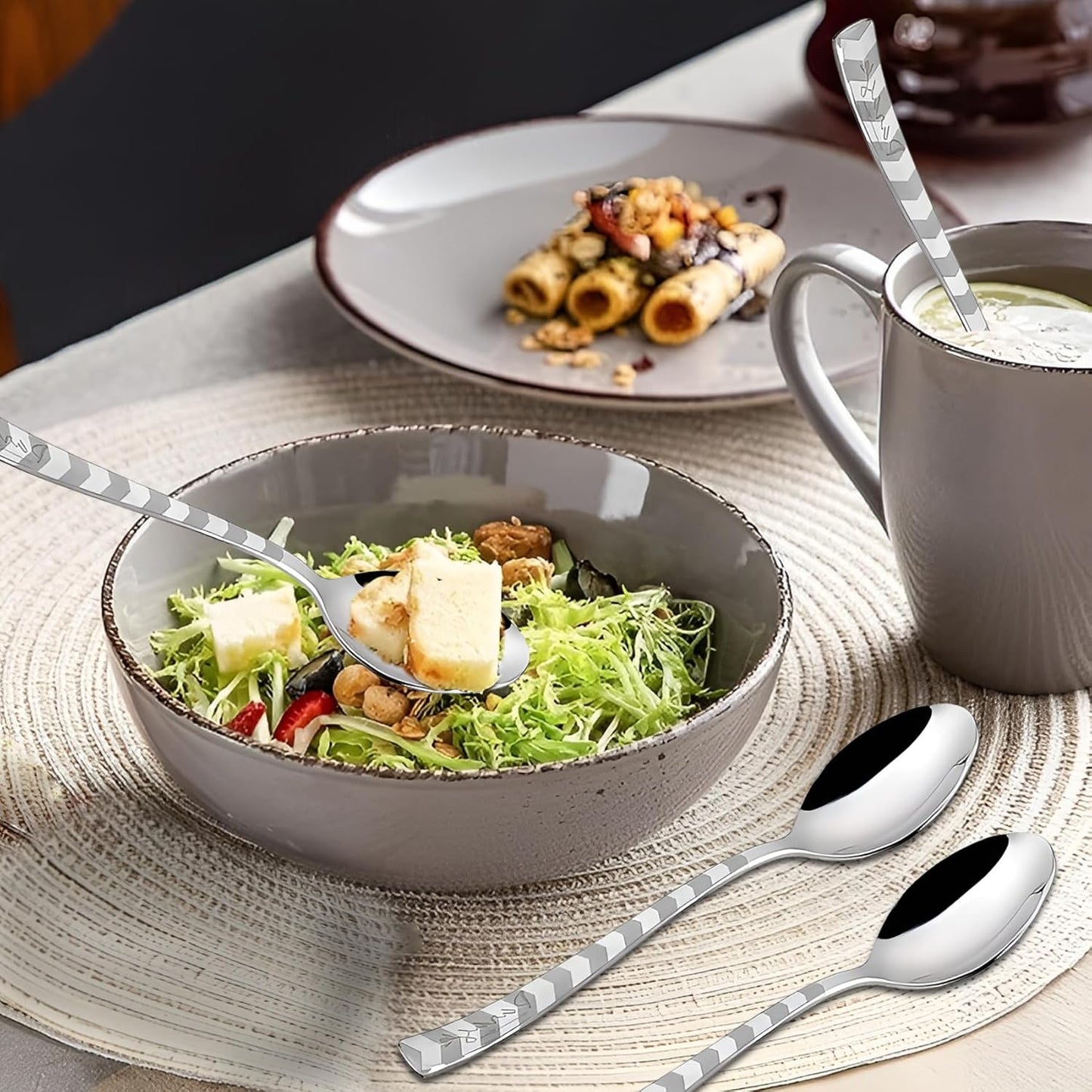 Stainless Steel Spoon Set of 6 | Arrow Design Dinner Spoons for Home & Kitchen | 16 cm, Silver