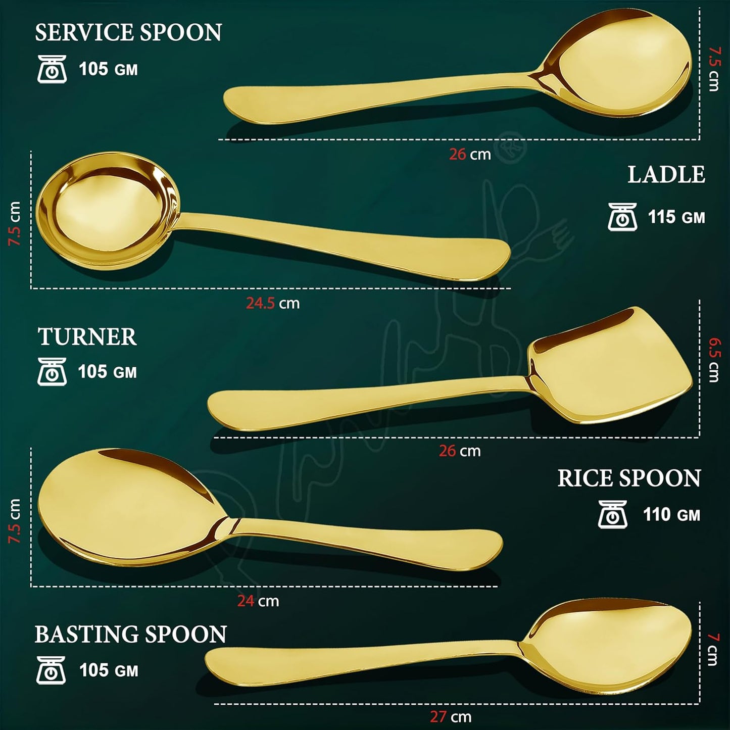 5 Pcs Stainless Steel Gold Serving Spoon Set – Heavy Gauge Kitchen Use