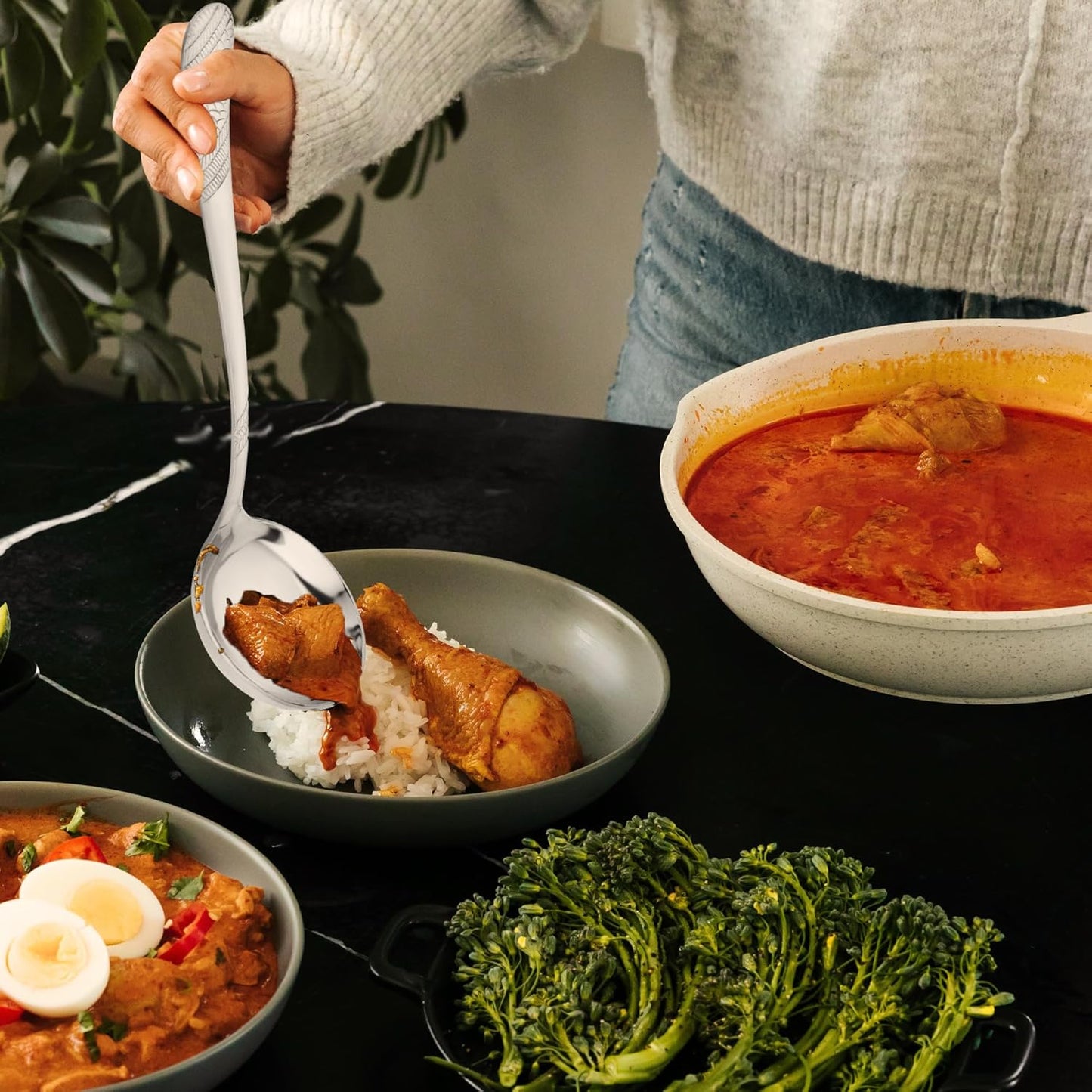 5 Pcs Stainless Steel Serving Spoon Set for Kitchen & Dining – 1.8mm Heavy Gauge, 2 Soup Ladles, 2 Solid & 1 Rice Spoon, Silver (Pack of 5)