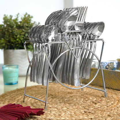 25 Pcs Premium Stainless Steel Cutlery Set with Stand for Home & Kitchen | Silver