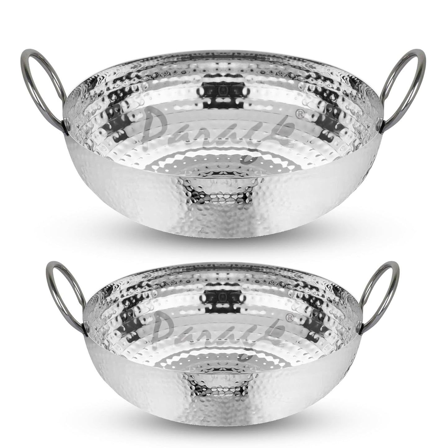 2 Pcs Stainless Steel Hammered Kadhai Set – Heavy Bottom for Cooking & Deep Frying, Gas Stove Friendly, Capacities 1.2 L & 2 L, Silver