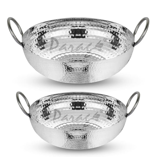 2 Pcs Stainless Steel Hammered Kadhai Set – Heavy Bottom for Cooking & Deep Frying, Gas Stove Friendly, Capacities 1.2 L & 2 L, Silver