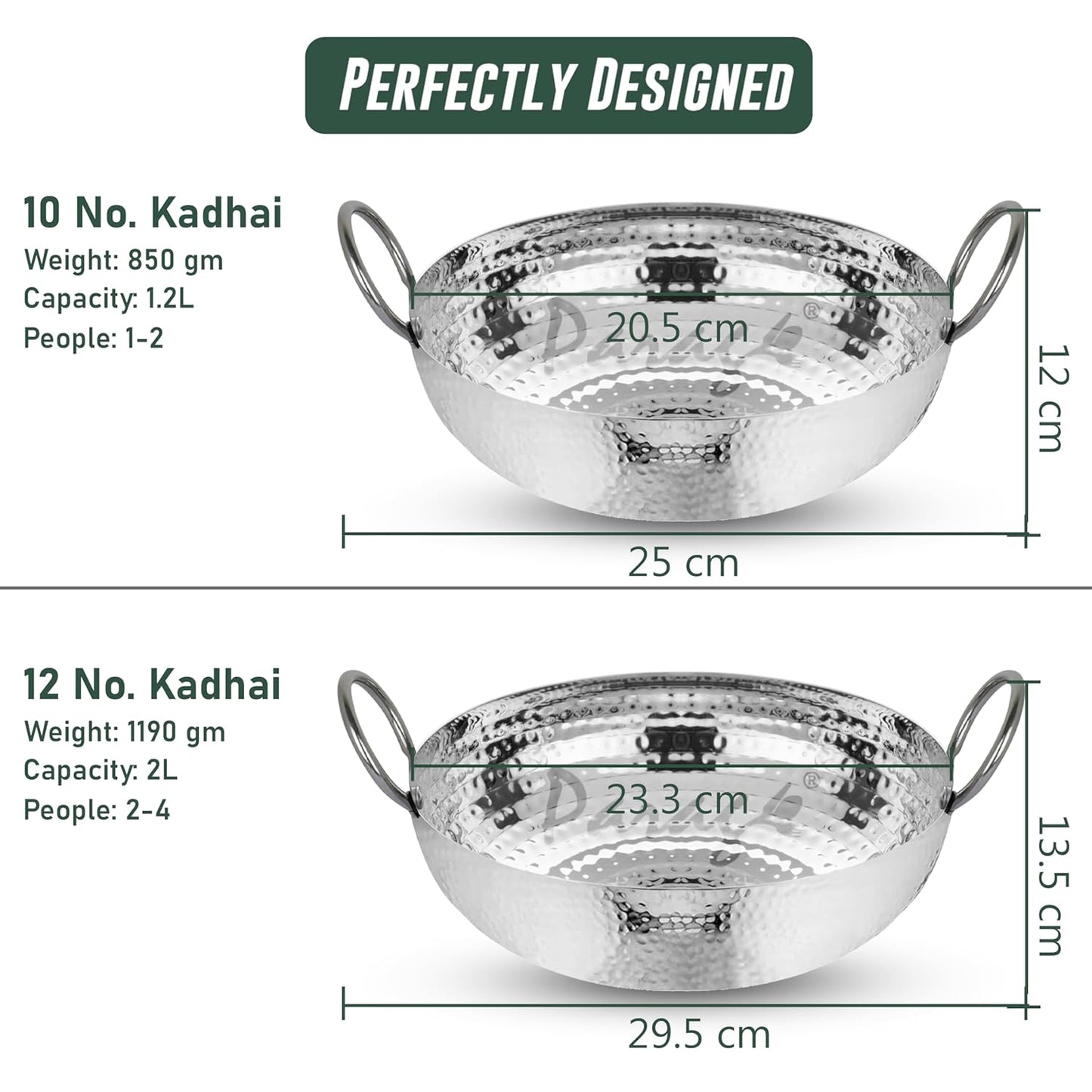 2 Pcs Stainless Steel Hammered Kadhai Set – Heavy Bottom for Cooking & Deep Frying, Gas Stove Friendly, Capacities 1.2 L & 2 L, Silver