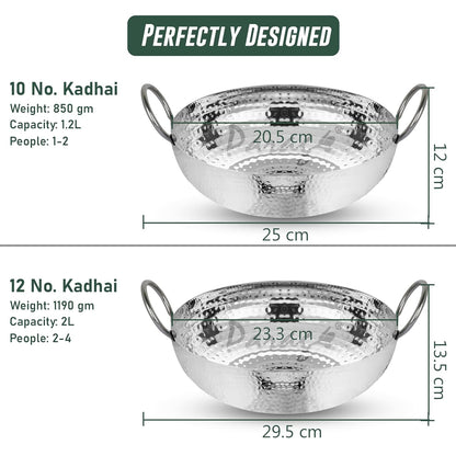 2 Pcs Stainless Steel Hammered Kadhai Set – Heavy Bottom for Cooking & Deep Frying, Gas Stove Friendly, Capacities 1.2 L & 2 L, Silver