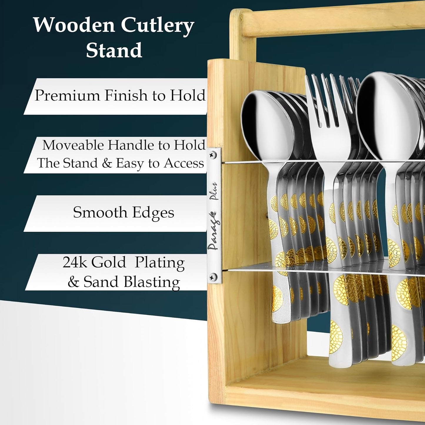 25-Piece Stainless Steel Cutlery Set with Wooden Stand | 24k Gold Plated Spoons & Forks