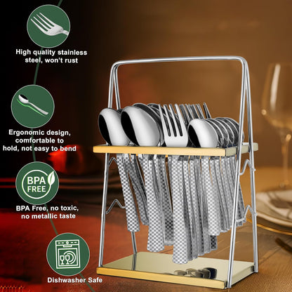 25 Pieces Regal Premium Stainless Steel Cutlery Set with Stand – Includes 6 Table Forks, 6 Table Spoons, 6 Dinner Spoons, 6 Tea Spoons, Stylish Spoon Set for Dining Table