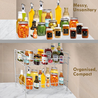 Stainless Steel 2 Tier Kitchen Countertop Spice Rack Organizer with Shelf Liner for Kitchen, Cabinet & Pantry (Rectangle)