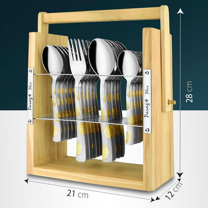 25-Piece Stainless Steel Cutlery Set with Wooden Stand | 24k Gold Plated Spoons & Forks