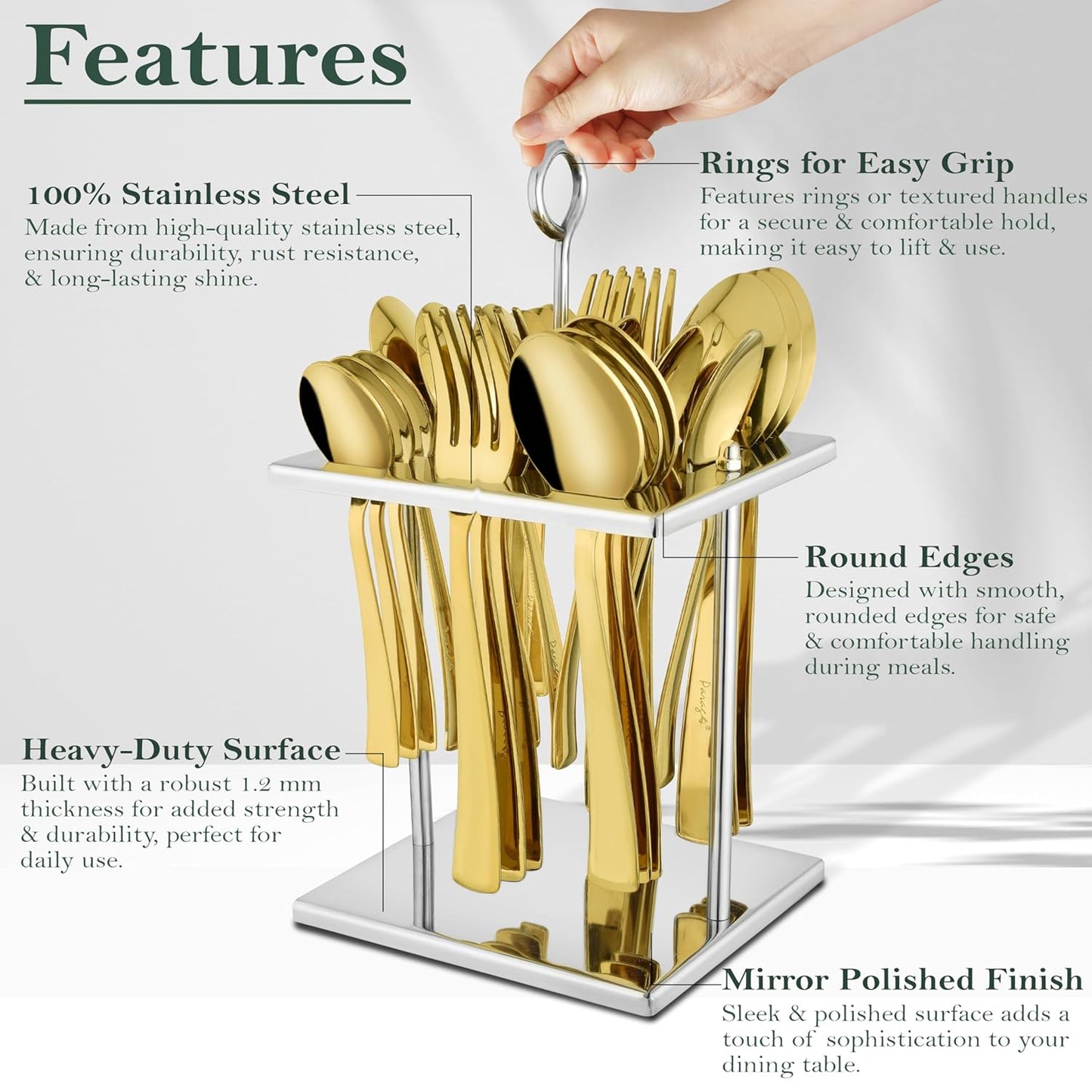 25 Pieces PVD Gold Luxury Stainless Steel Sapphire Golden Cutlery Set – Includes 6 Tea Spoons, 6 Dinner Spoons, 6 Table Forks, 6 Table Spoons, 1 Stand, Perfect for Home & Gifting