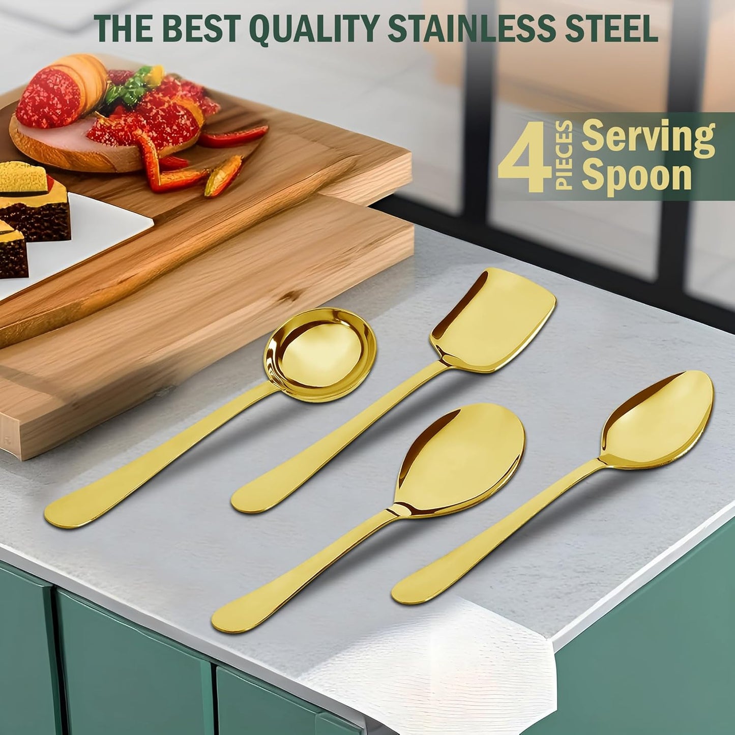 3 Pcs Stainless Steel Gold Serving Spoons Set – Heavy Gauge Kitchen Use