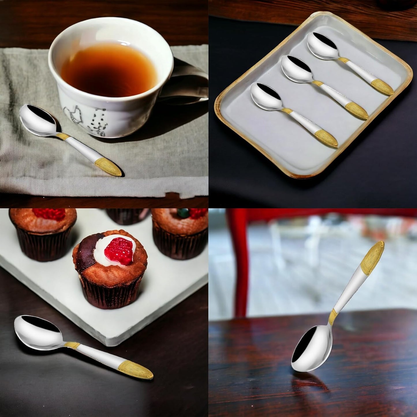 6 Pcs Stainless Steel 24K Gold Tea Spoon Set – 14cm, Premium Small Spoons for Home & Kitchen, Luxury Tableware, Housewarming Gift, Ivory Design