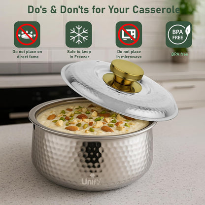 Inox Stainless Steel Insulated Casserole 1600ml | PVD Gold Handle Hot Pot | Hammered Finish, Silver
