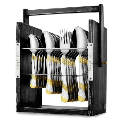 25 Pieces Stainless Steel Imperial Cutlery Set with Wooden Stand, 24K Gold Plated Spoons & Forks for Dining Table