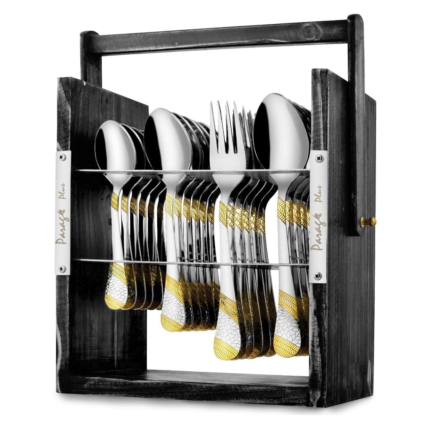 25 Pieces Stainless Steel Imperial Cutlery Set with Wooden Hanging Stand, 24K Gold Plated Spoons & Forks for Dining Table