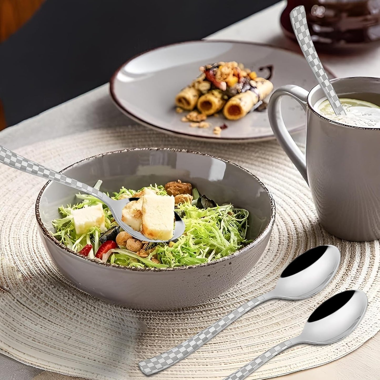 6 Pieces Stainless Steel Premium Dinner Spoon Set, 18.5 cm, Silver, Checks Design