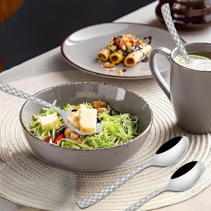6 Pieces Stainless Steel Premium Dinner Spoon Set, 18.5 cm, Silver, Checks Design