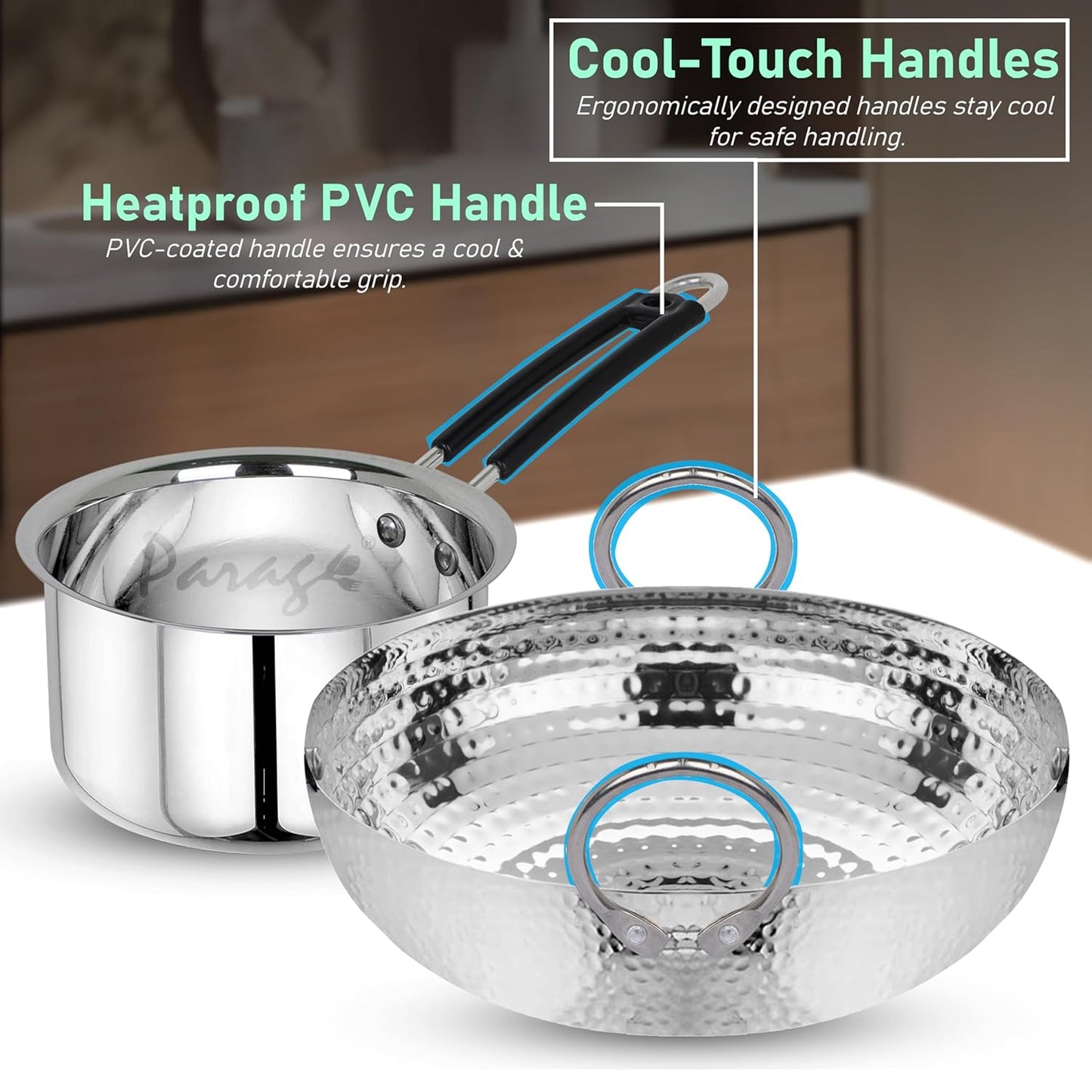 2 Pcs Stainless Steel Hammered Kadhai & Saucepan Set – Heavy Bottom for Cooking & Deep Frying, Gas Stove Friendly, Capacities 2 L & 1.75 L, Silver