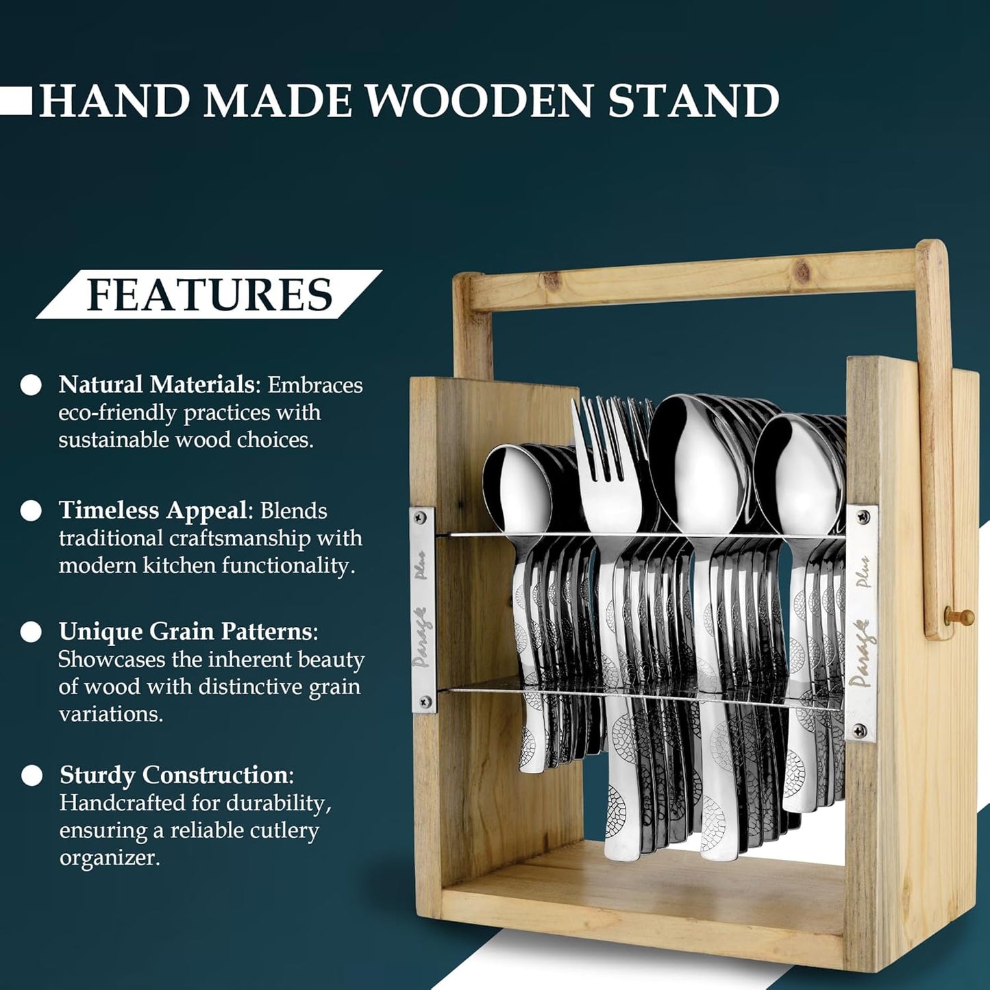 25 Pcs Moonpress Stainless Steel Cutlery Set | 6 Tea Spoons, 6 Table Spoons, 6 Forks, 6 Dinner Spoons | Stylish, Wooden Stand, Dining