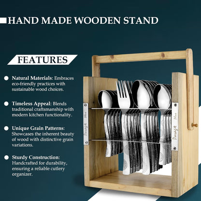 25 Pcs Moonpress Stainless Steel Cutlery Set | 6 Tea Spoons, 6 Table Spoons, 6 Forks, 6 Dinner Spoons | Stylish, Wooden Stand, Dining