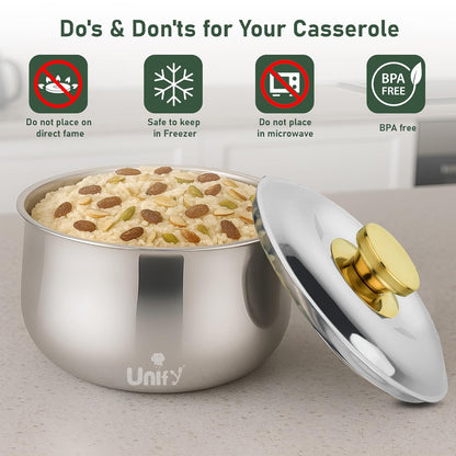 Metra Stainless Steel Insulated Casserole 1600ml | PVD Gold Handle Hot Pot | Keeps Food Fresh & Warm