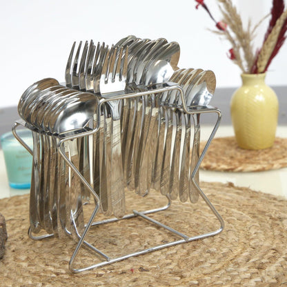 25 Pcs Stainless Steel Cutlery Set with Stand | Mirror Finish Dining Table Set