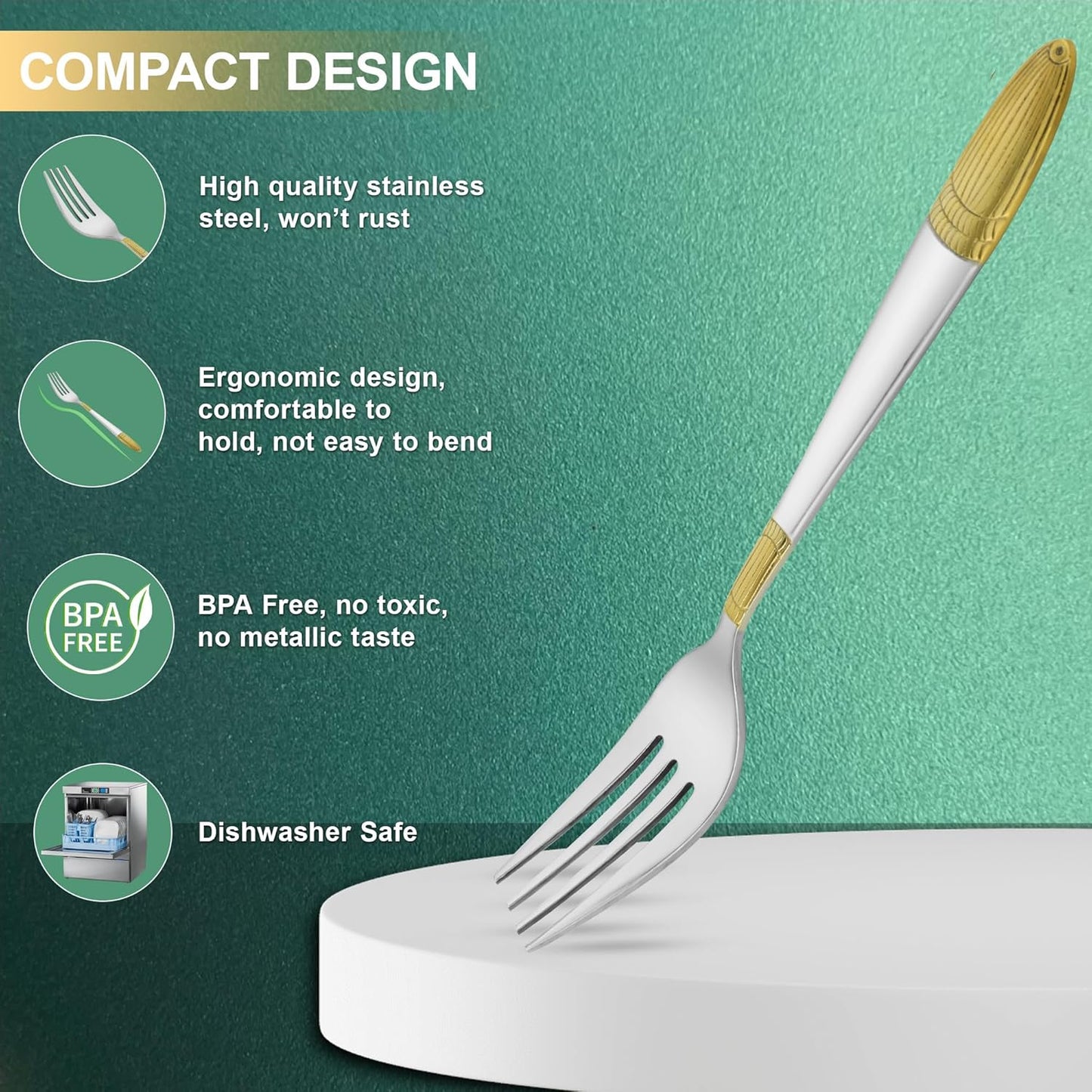 6 Pieces Stainless Steel 24K Golden Dinner Forks Set, 16 cm Premium Dining Cutlery with Ivory Design – Luxury Tableware for Home & Kitchen