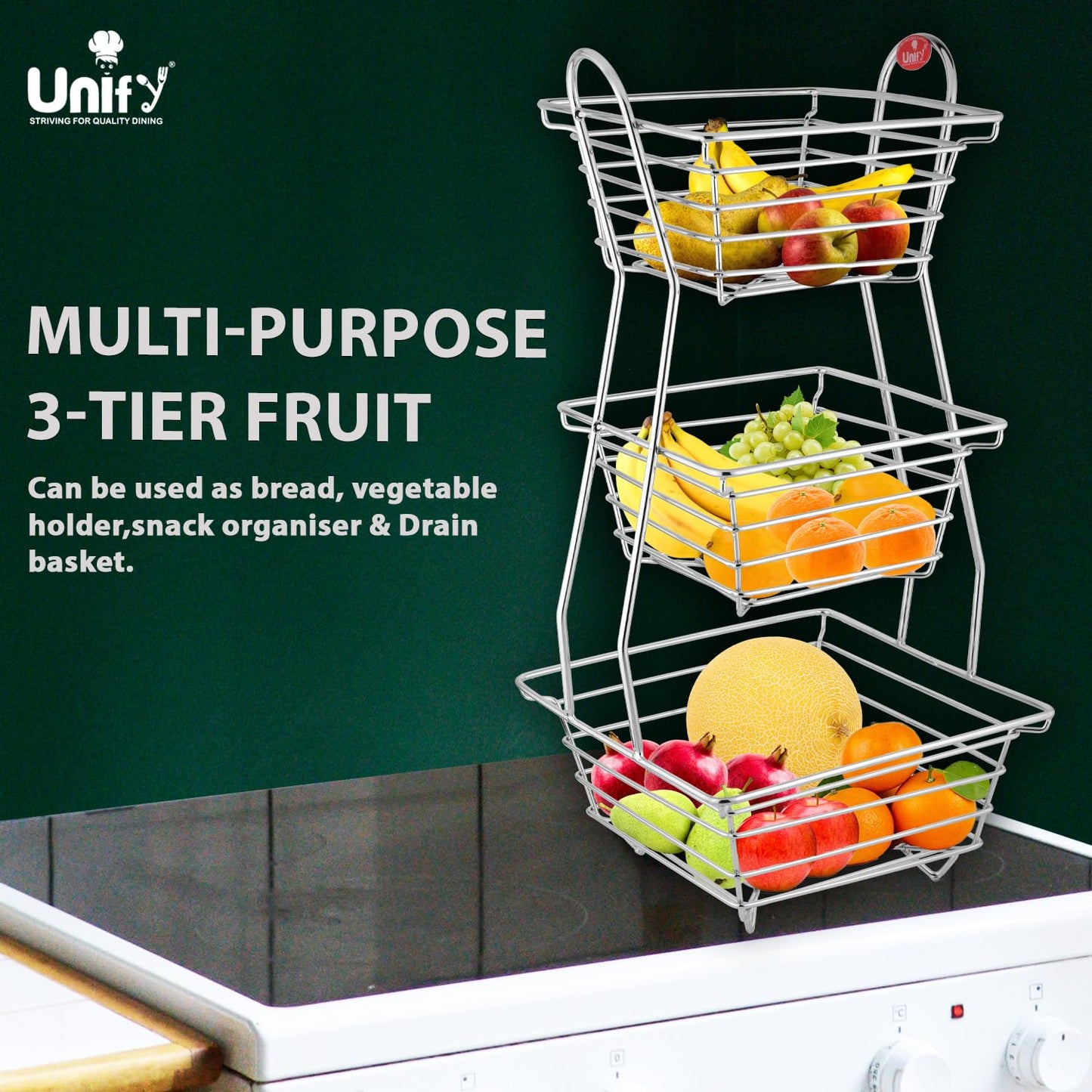 3-Tier Stainless Steel Fruit Basket – Square, Kitchen & Dining Table Stand