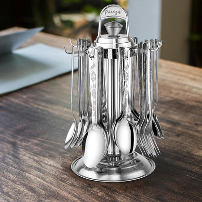 25 Pcs Stainless Steel Cutlery Set with Stand for Home & Kitchen | Silver Tableware