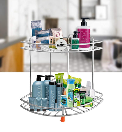 2-Tier Stainless Steel Multipurpose Corner Shelf Rack – Organizer for Kitchen & Bathroom, Wall-Mounted, 23×23×33 cm, Chrome Finish