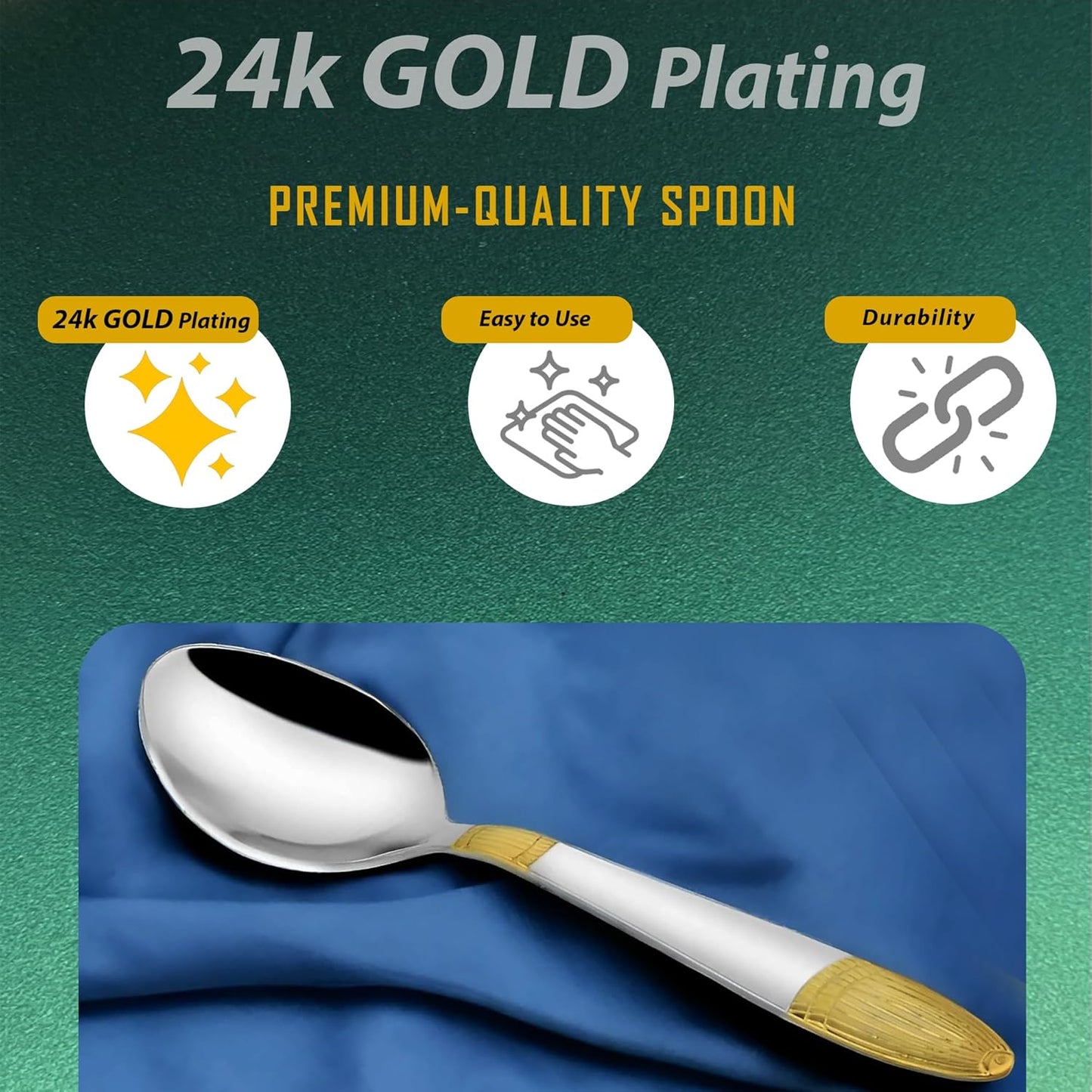 6 Pieces Stainless Steel 24k Golden Spoons Set, 18 cm Long, Premium Spoons for Home & Kitchen, Luxury Dining Tableware Gift for House Warming,24 Karat Gold Plated Big Spoons, Ivory Design