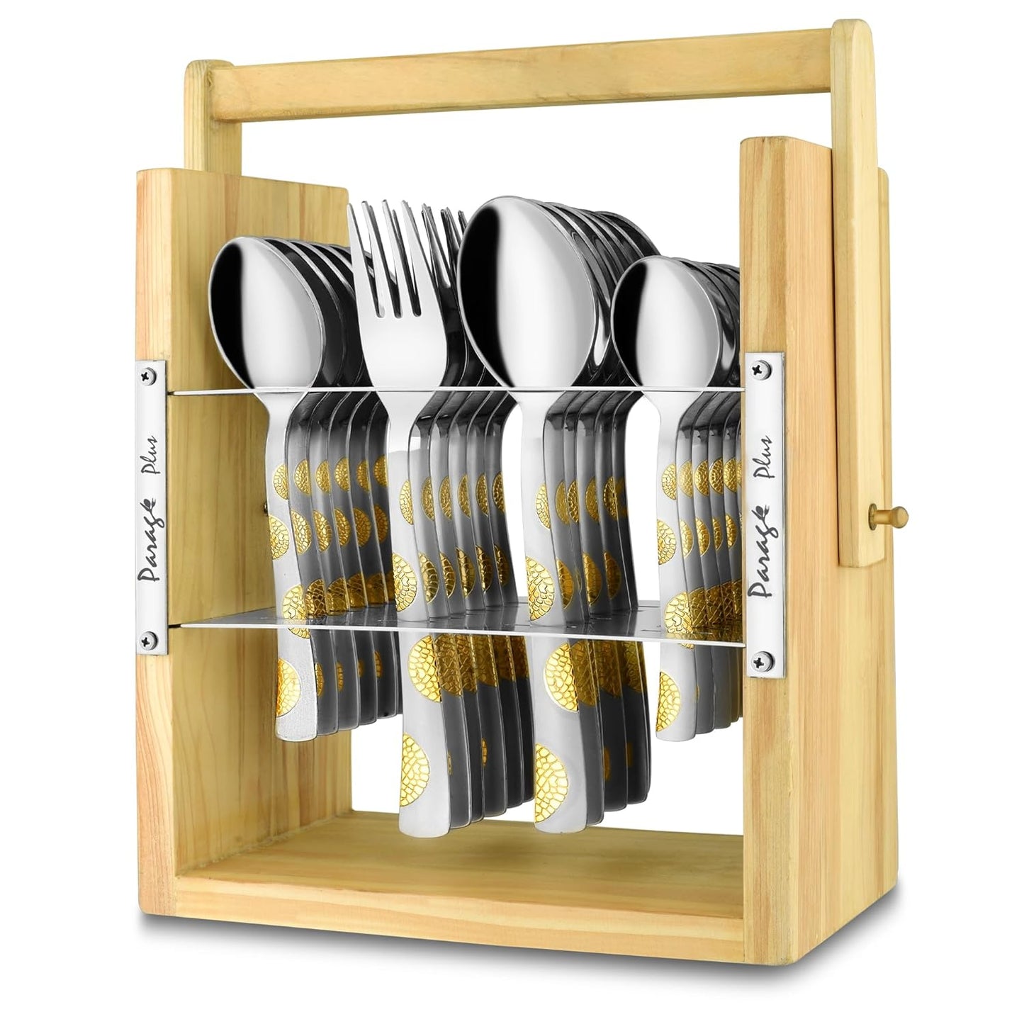 25-Piece Stainless Steel Cutlery Set with Wooden Stand | 24k Gold Plated Spoons & Forks
