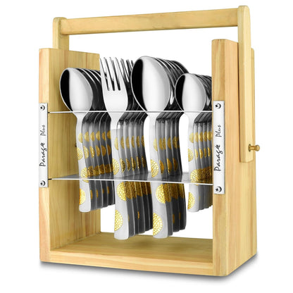 25-Piece Stainless Steel Cutlery Set with Wooden Stand | 24k Gold Plated Spoons & Forks