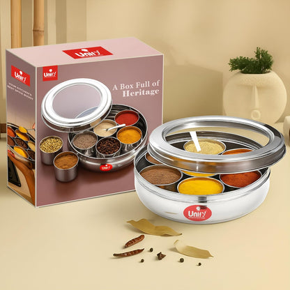 12 Inch Stainless Steel Masala Dabba | 1500ml Airtight Spice Box with 7 Containers & Lid, Silver