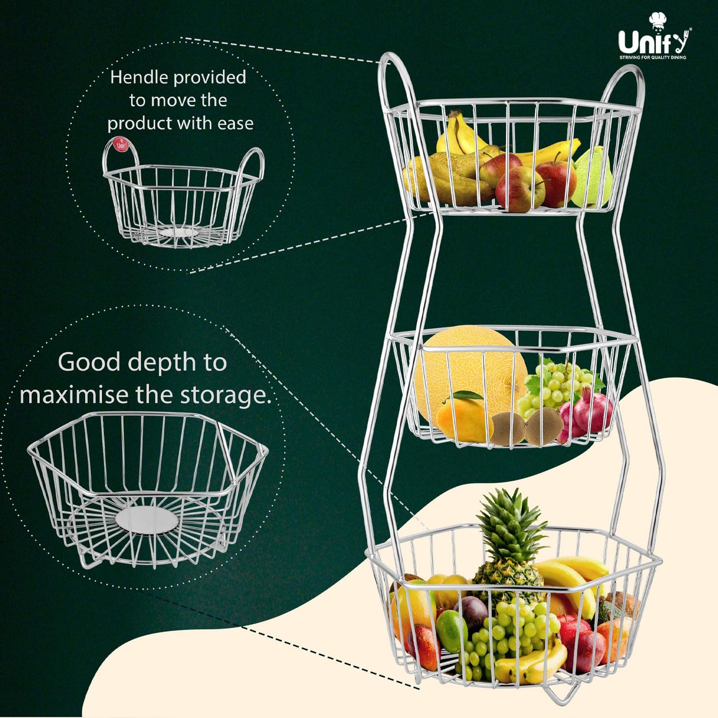 3-Tier Stainless Steel Fruit Basket – Hexagonal, Kitchen & Dining Table Stand