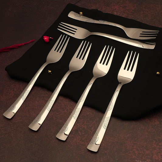 6-Piece Stainless Steel Forks, 16 cm Premium Silver Dining Cutlery Set with Moonpress Design – Luxury Forks for Home & Kitchen