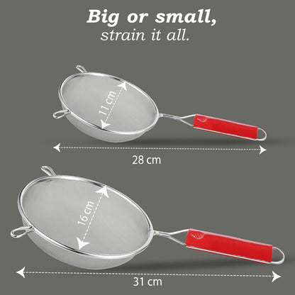 2 Pieces Stainless Steel Soup & Juice Strainer Set, 11 cm & 16 cm Kitchen Liquid Filters – Large Soup Chalni with Red Handle for Rice & Juice