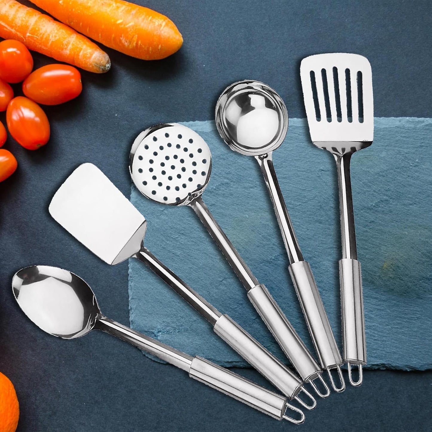 5-Piece Stainless Steel Kitchen Tool Set with Pipe Handle | Cooking Utensils, 35 cm, Silver