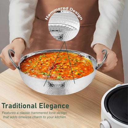 2 Pcs Stainless Steel Hammered Kadhai & Saucepan Set – Heavy Bottom for Cooking & Deep Frying, Gas Stove Friendly, Capacities 1.2 L & 1 L, Silver